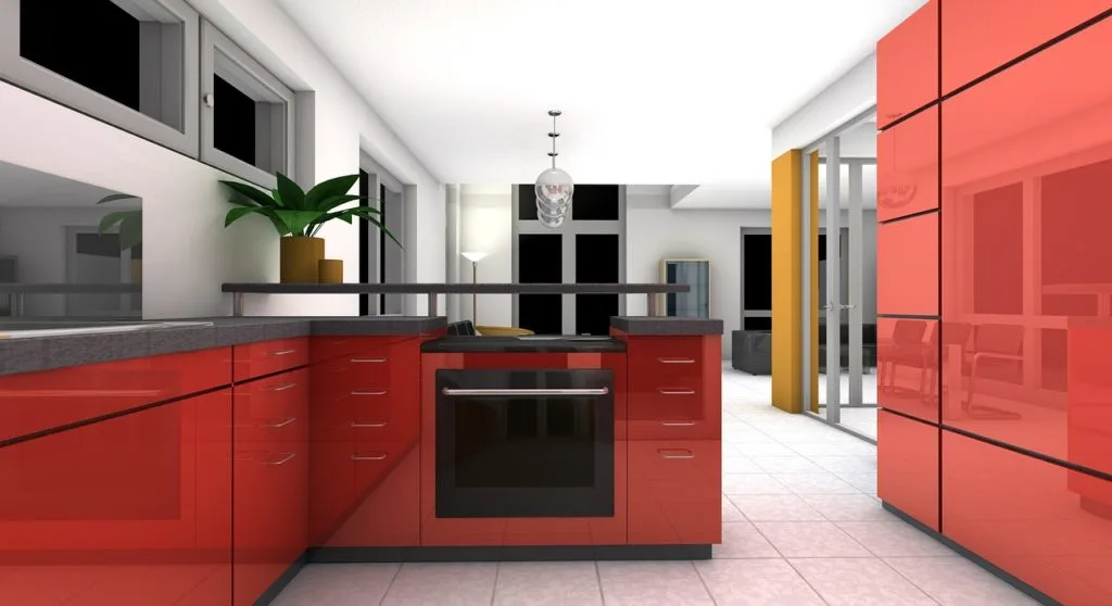 L shaped Red modular kitchen design
