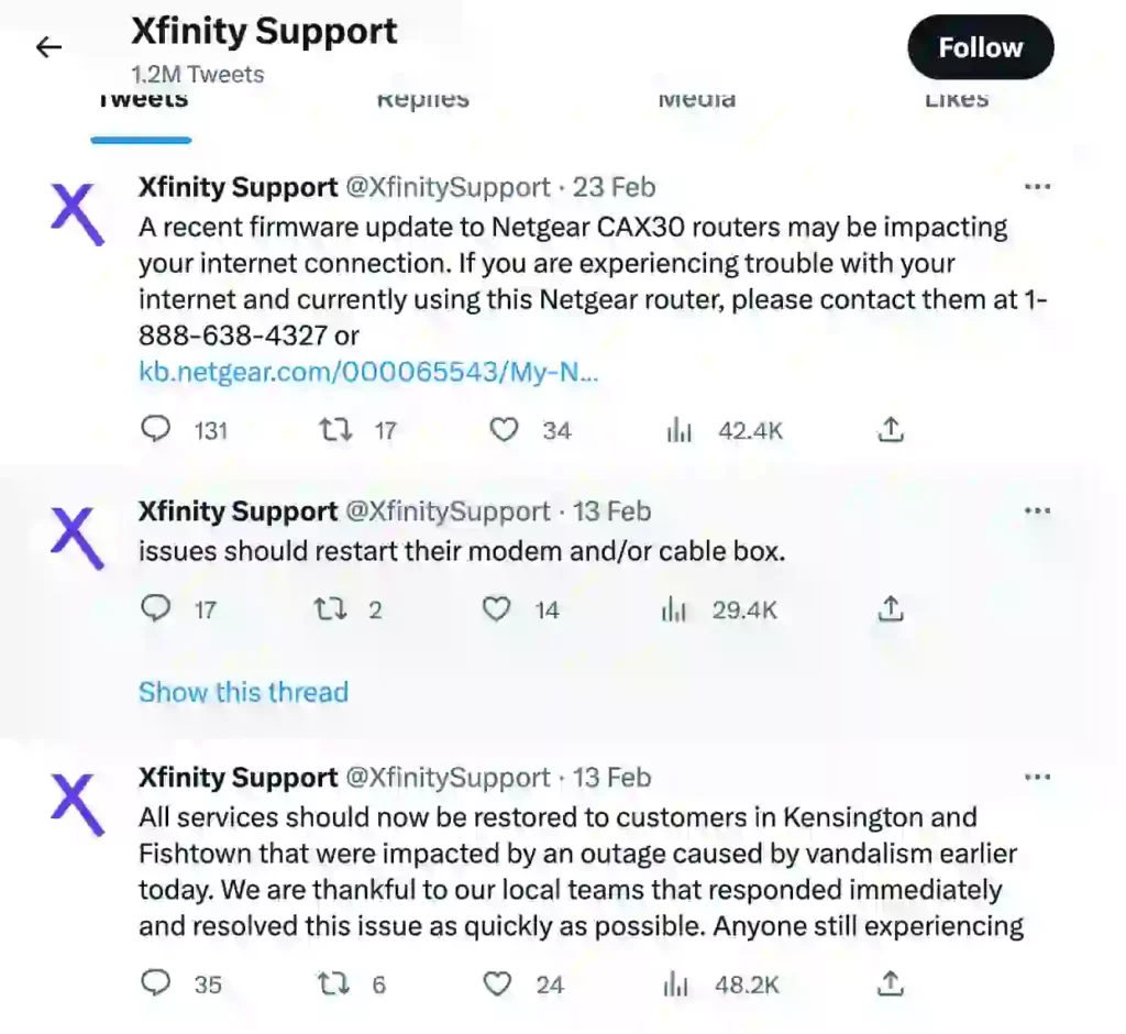 xfinity support server outage update